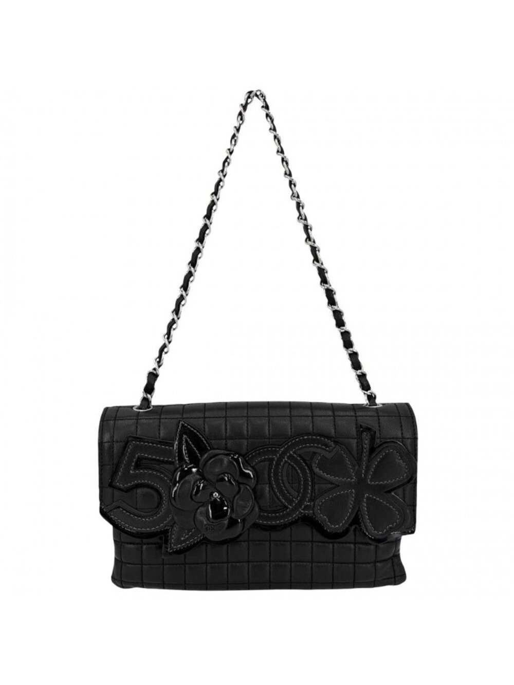 Chanel Shoulder Bag Icon Chocolate Mini Chain CC Logo Camellia Lambskin Black
